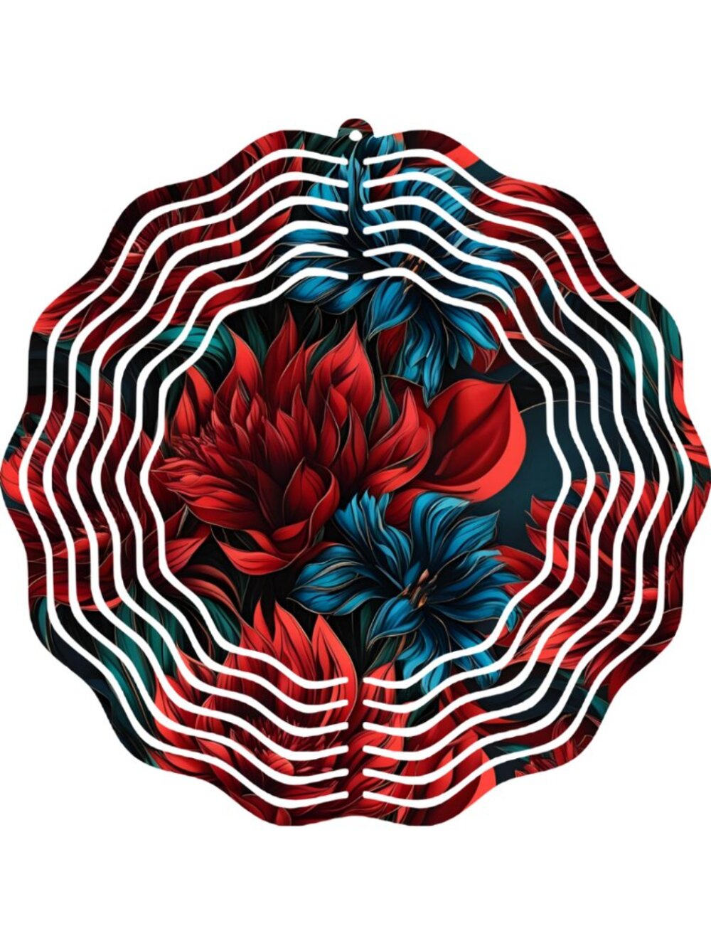 Red Blue Floral Wind Spinner 10 Inch Metal 3D Hanging Patio Deck Lawn Ornament